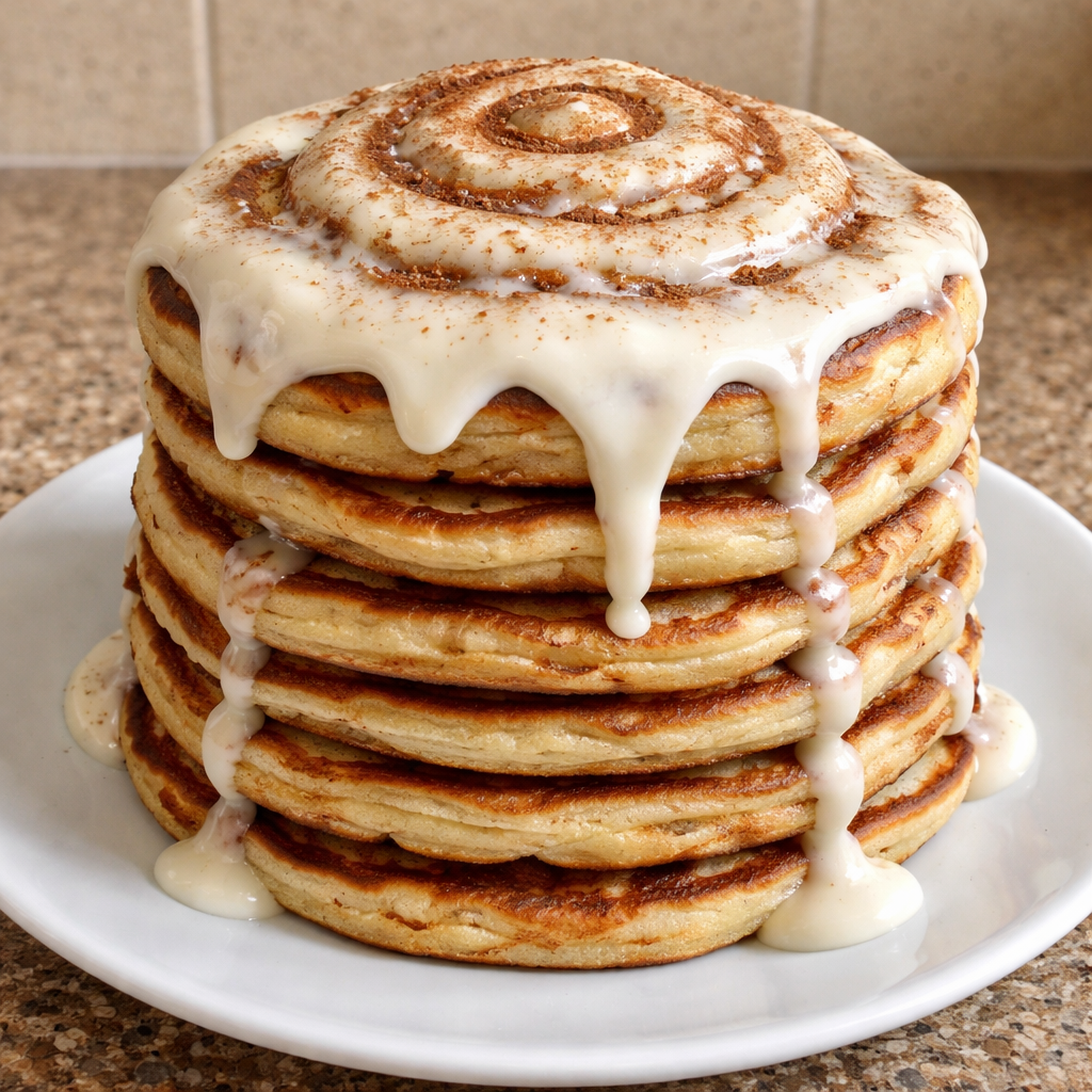 cinnamon roll pancakes stacked with glaze and cinnamon swirls on a plate brunch recipe