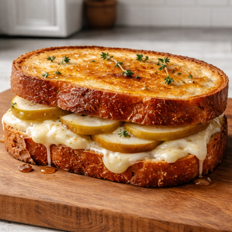 brie and pear grilled cheese sandwich close up melted cheese and sliced pear on toasted bread