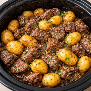 slow cooker garlic butter beef with potatoes close up of tender beef and potatoes cooked in garlic butter sauce comfort food recipe