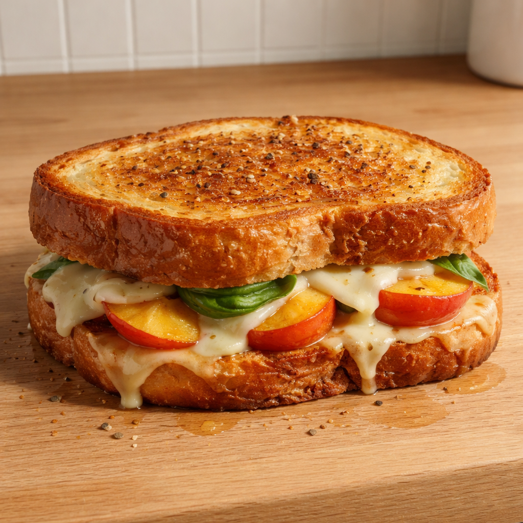 honey peach and white cheddar grilled cheese sandwich melted cheese and fresh peach slices on toasted bread