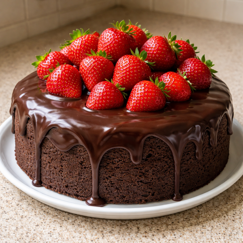 indulgent strawberry chocolate shell cake with fresh strawberries and rich chocolate layers on a rustic wooden table