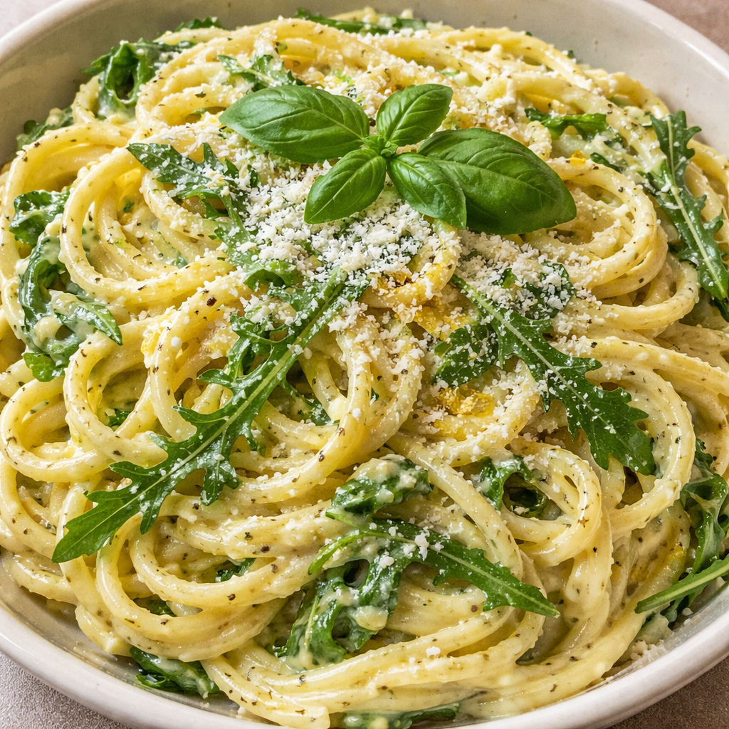 creamy lemon ricotta pasta with arugula inspired by stanley tucci served on a white plate with fresh herbs and lemon slices