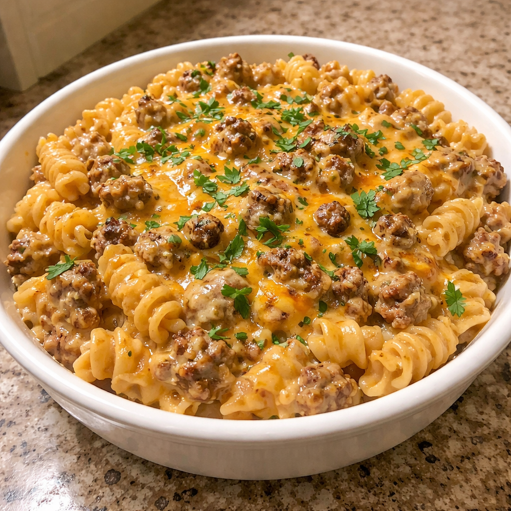 creamy high protein beef pasta dish close up on white plate with fresh herbs and parmesan cheese