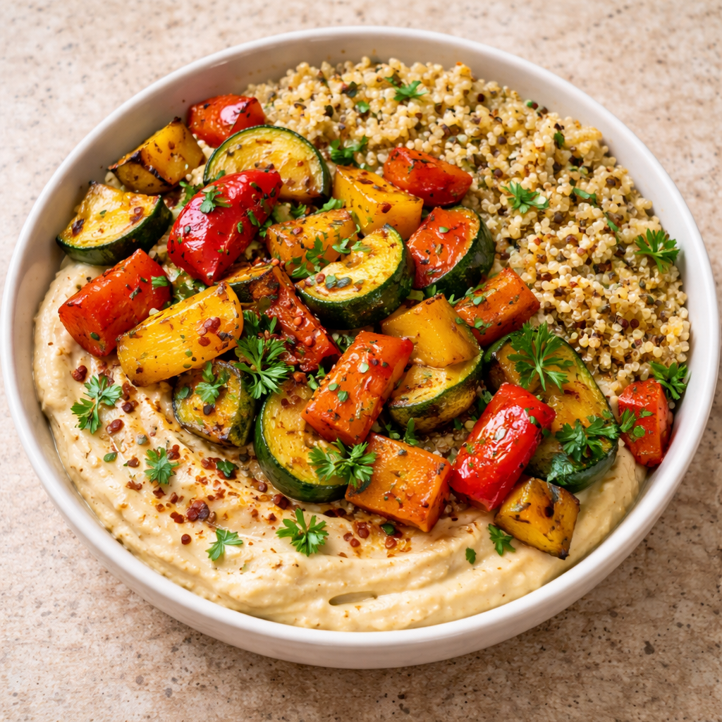roasted veggie and hummus bowl with colorful vegetables creamy hummus and wholesome quinoa healthy and easy to prepare meal