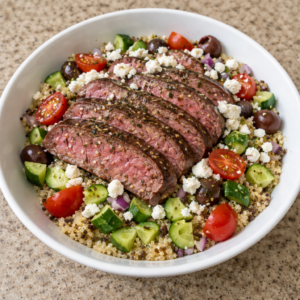 mediterranean steak bowls with fresh vegetables healthy quick easy dinner recipe for mediterranean diet