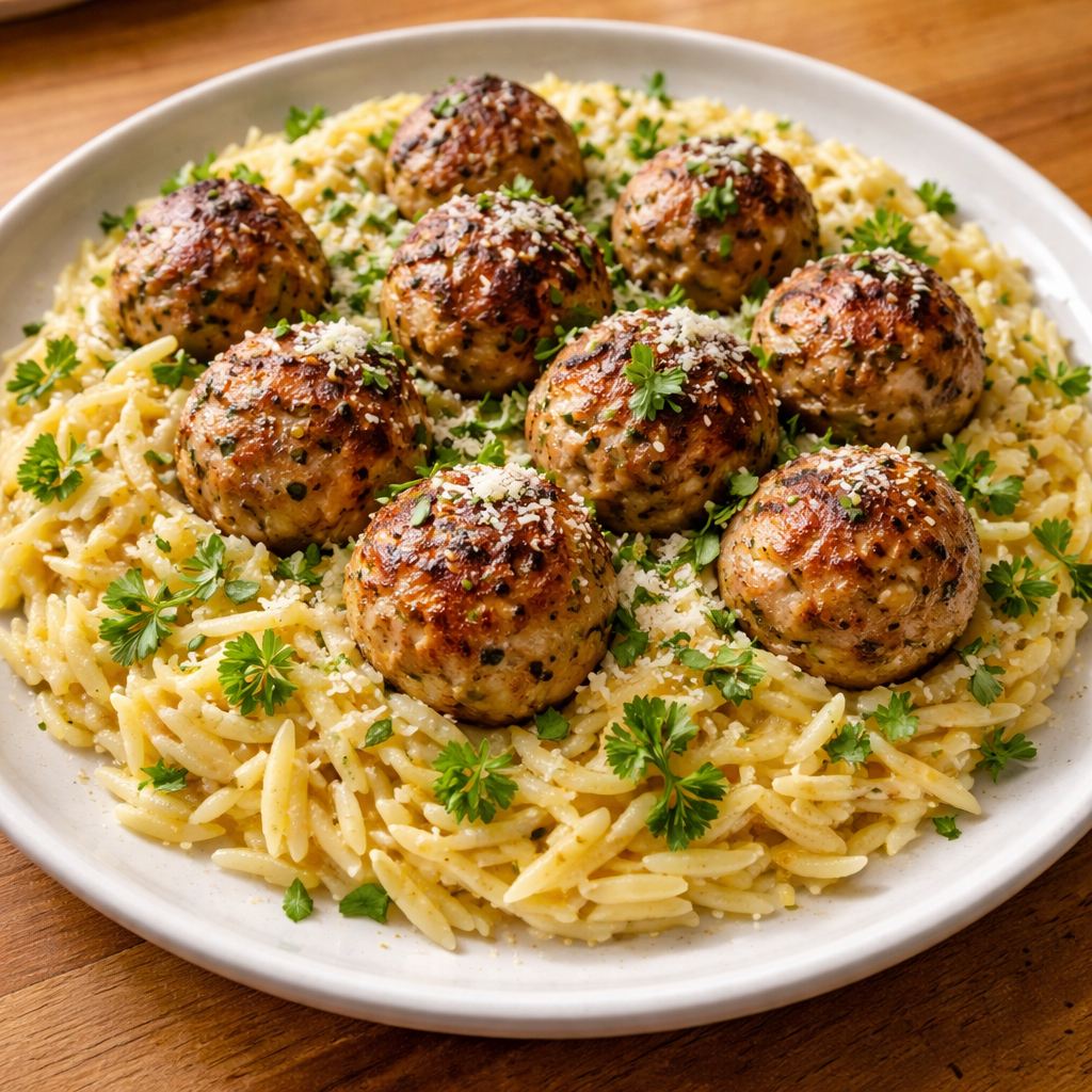 greek chicken meatballs served with lemon orzo bright flavorful comforting dish