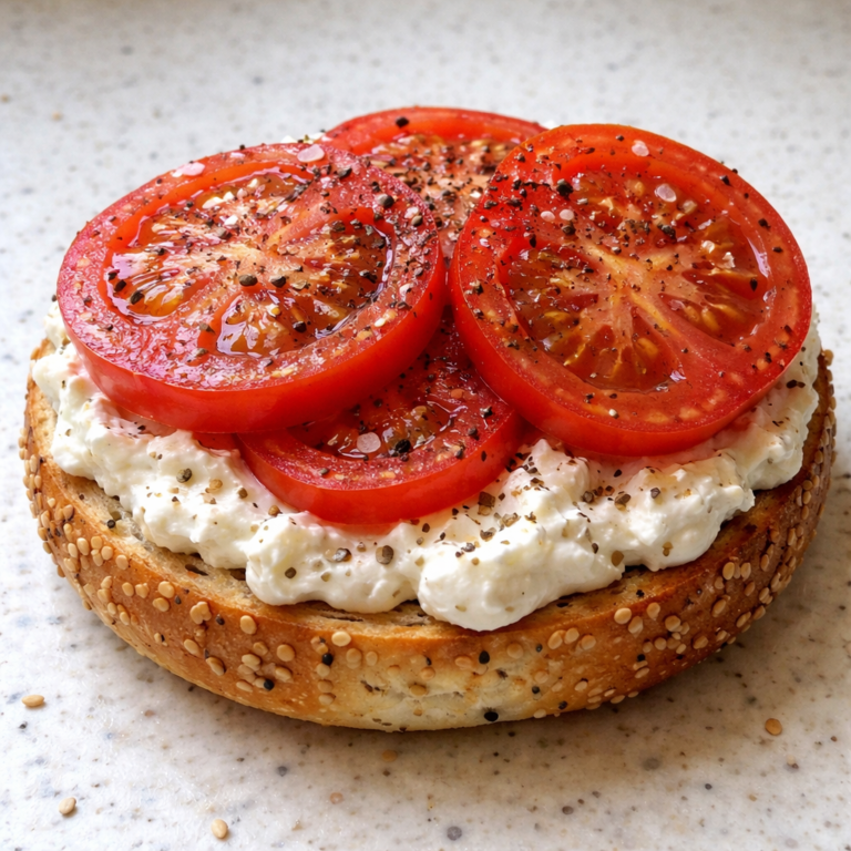tomato and cottage cheese open bagels on a plate fresh homemade easy recipe
