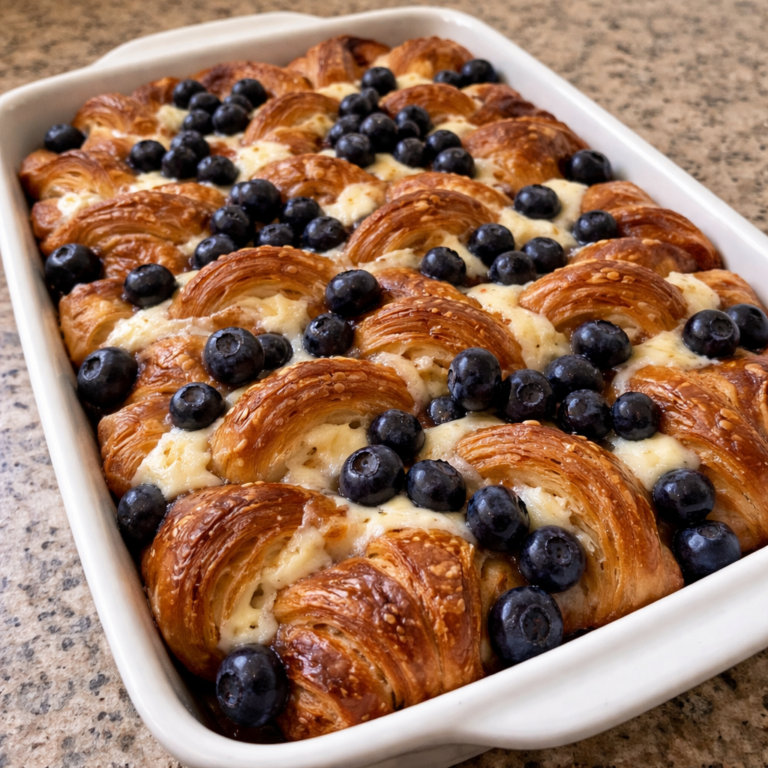 blueberry cream cheese croissant casserole breakfast dish with fresh blueberries and creamy cheese baked golden brown
