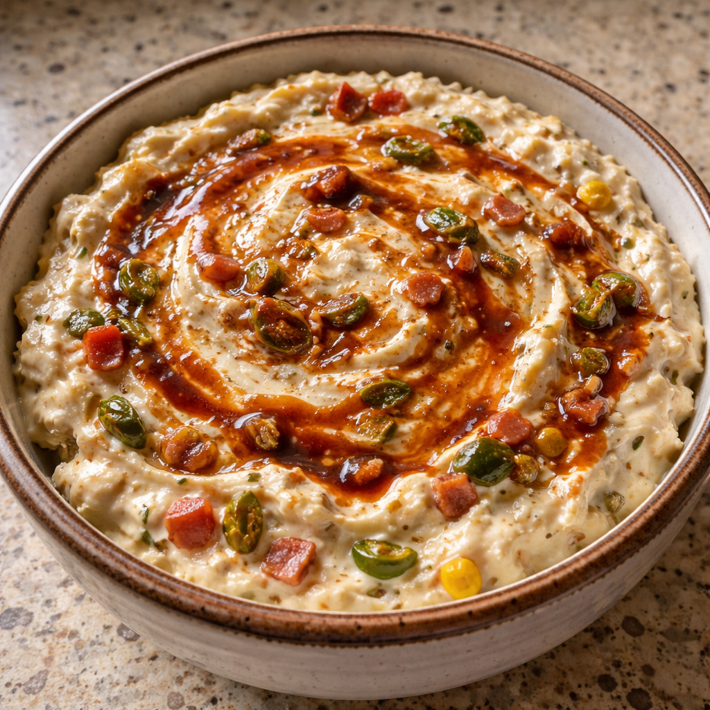 spicy roasted jalapeno cowboy cream cheese dip in a bowl with creamy texture and roasted jalapenos on top