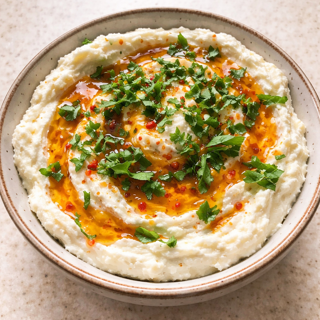 delicious ricotta dip with hot honey served in a bowl with honey drizzle and herbs