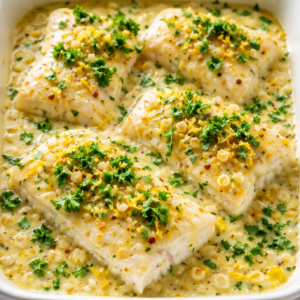 baked cod in coconut lemon cream sauce served on a plate with creamy sauce and lemon wedges