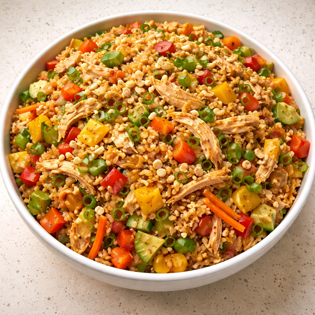 chicken crispy rice salad with peanut dressing bowl fresh greens crispy chicken and crunchy rice toppings healthy flavorful meal