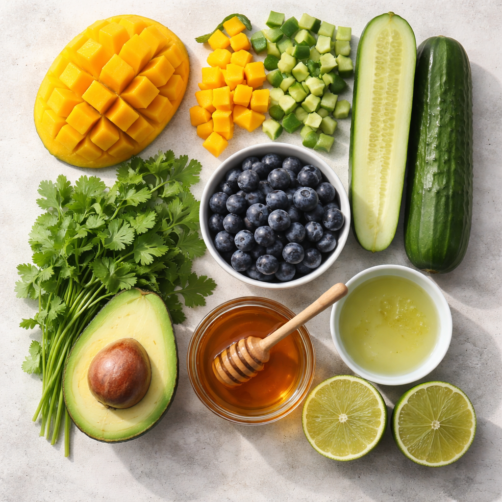 Juicy Mango Cucumber Salad with Blueberries and Avocado Delight ingredients photo