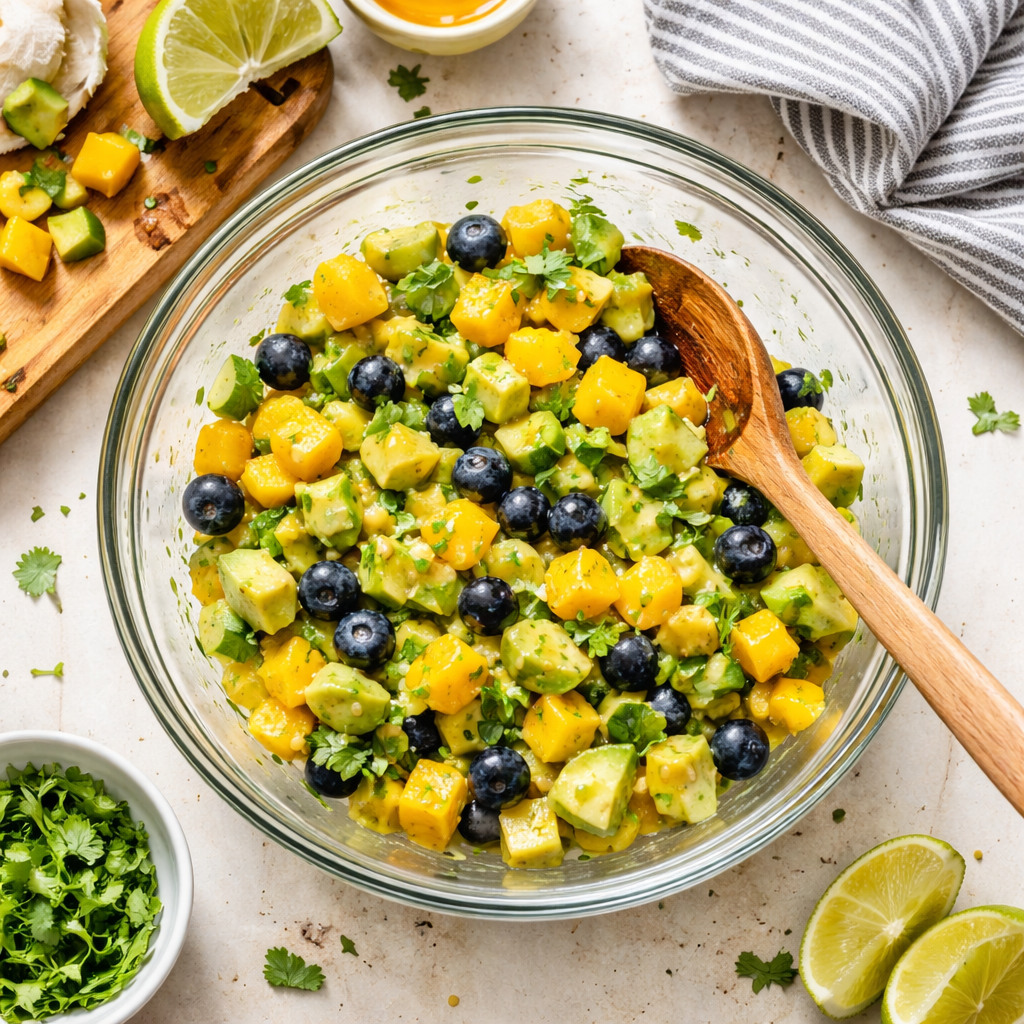 Juicy Mango Cucumber Salad with Blueberries and Avocado Delight preparation photo