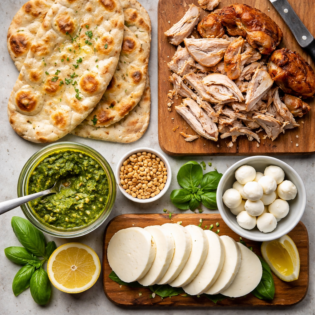 Pesto Chicken Flatbread with Mozzarella – Easy 20-minute dinner or appetizer loaded with flavor. Try it and pin it for later! ingredients photo