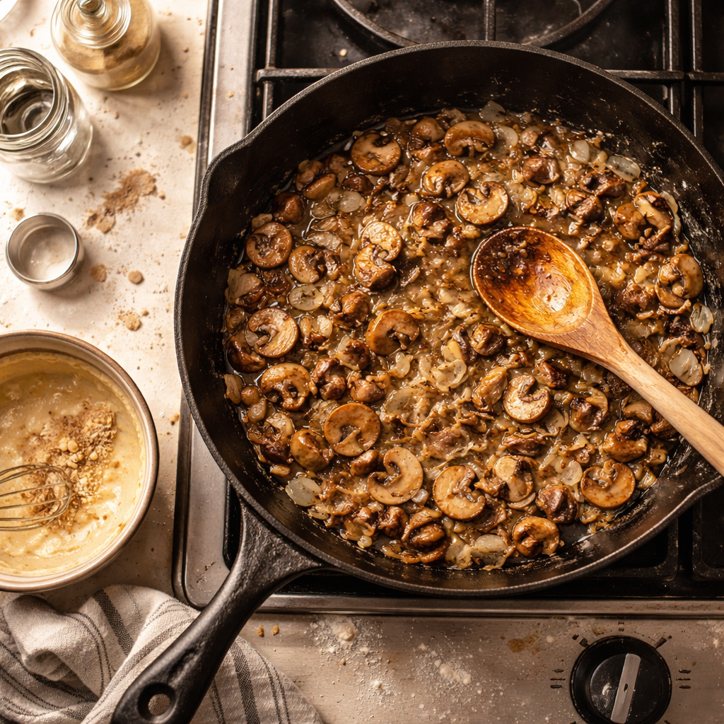 Mushroom Stroganoff preparation photo