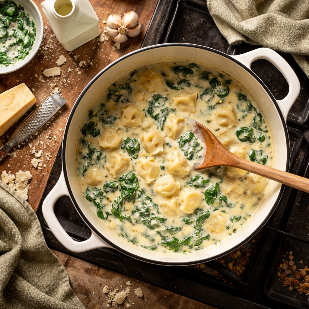 Creamy Tuscan Garlic Tortellini Soup preparation photo