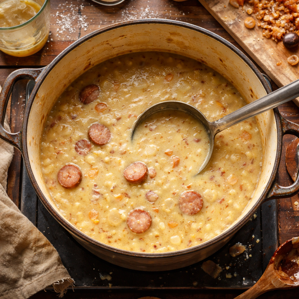Classic German Potato Soup with Sausage preparation photo