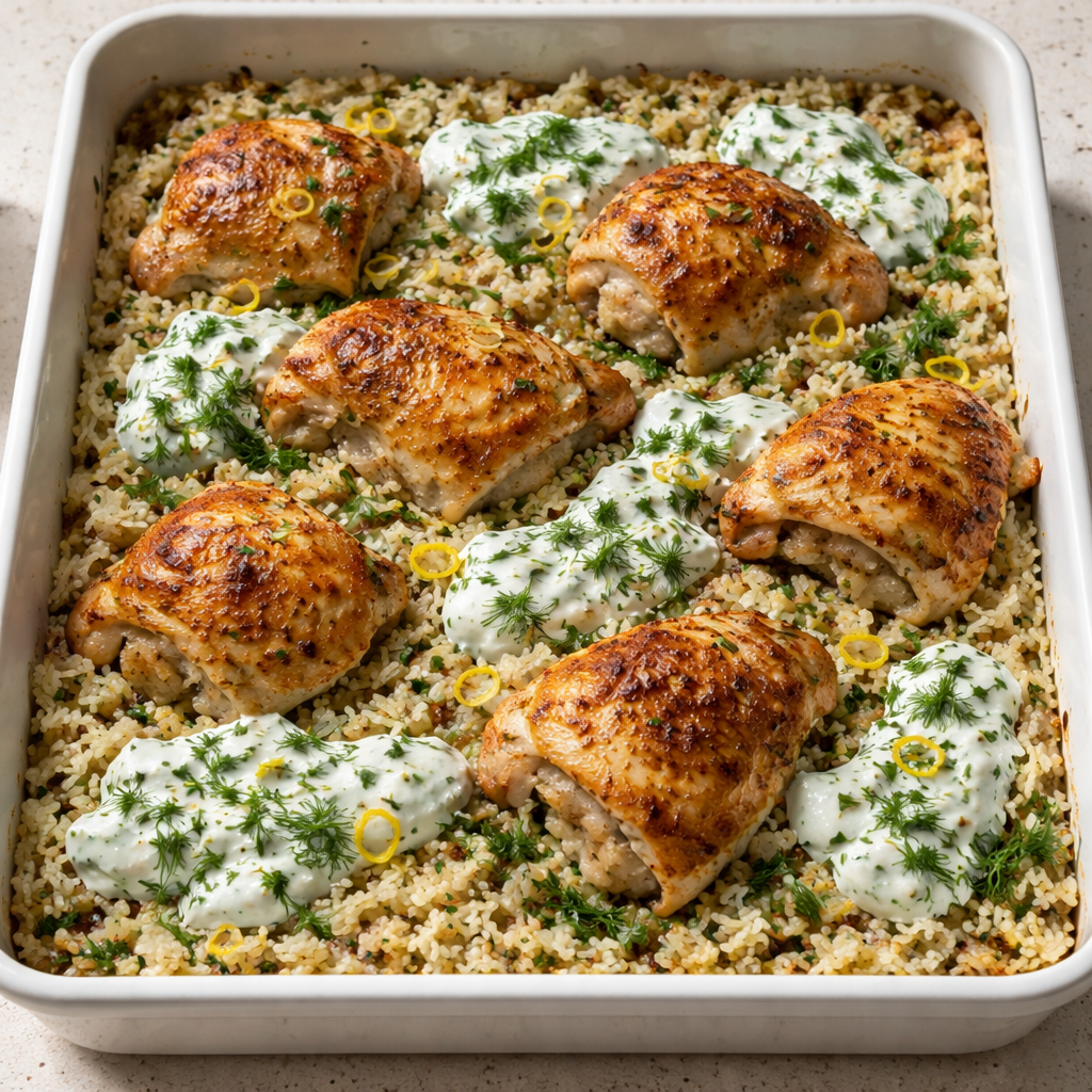 Easy One Pan Dump and Bake Chicken Tzatziki with Rice featured photo