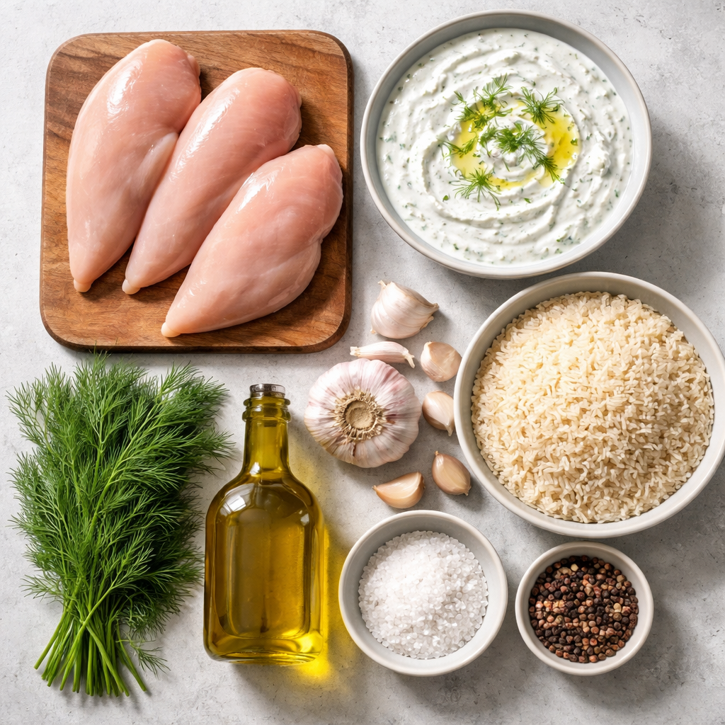 Easy One Pan Dump and Bake Chicken Tzatziki with Rice ingredients photo