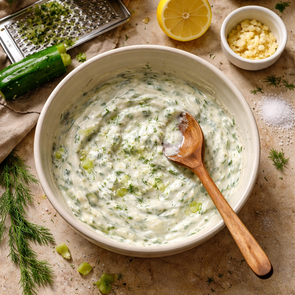 Easy One Pan Dump and Bake Chicken Tzatziki with Rice preparation photo