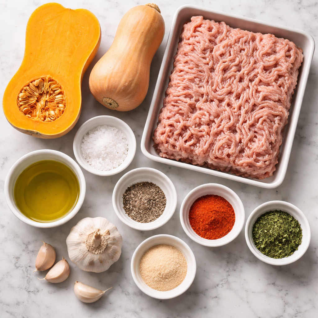 One Pan Easy Roasted Butternut Squash with Ground Turkey Dinner ingredients photo
