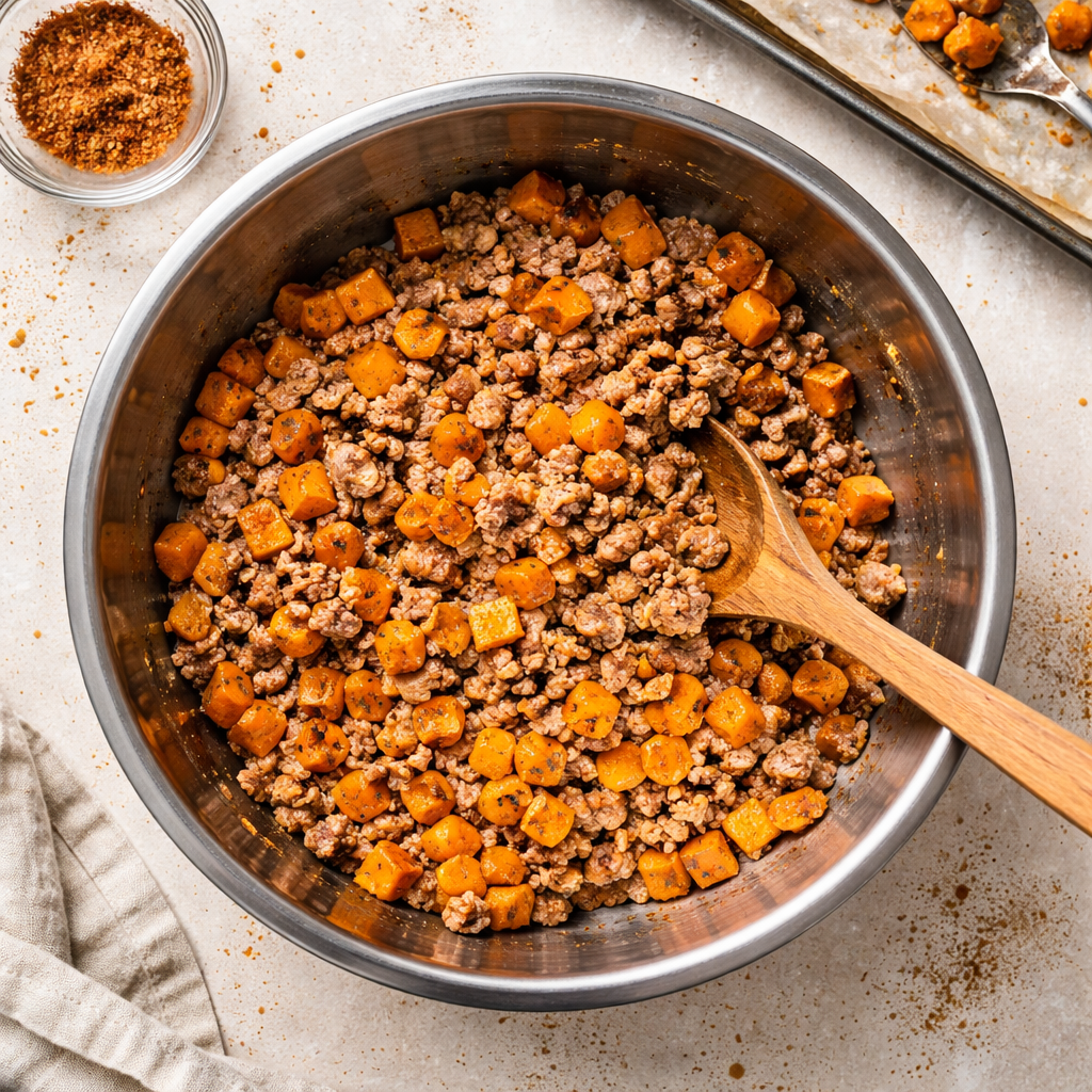 One Pan Easy Roasted Butternut Squash with Ground Turkey Dinner preparation photo
