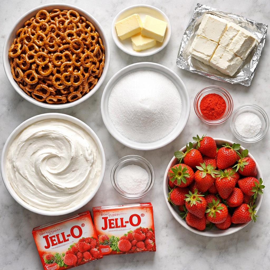 Classic Strawberry Pretzel Salad Recipe for a Creamy Sweet Treat ingredients photo