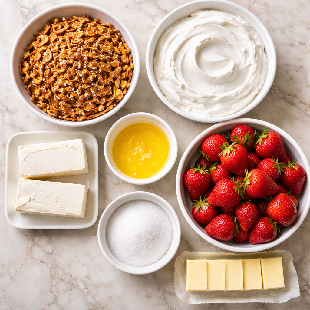 Creamy Strawberry Pretzel Salad with Crunch Recipe for Summer ingredients photo