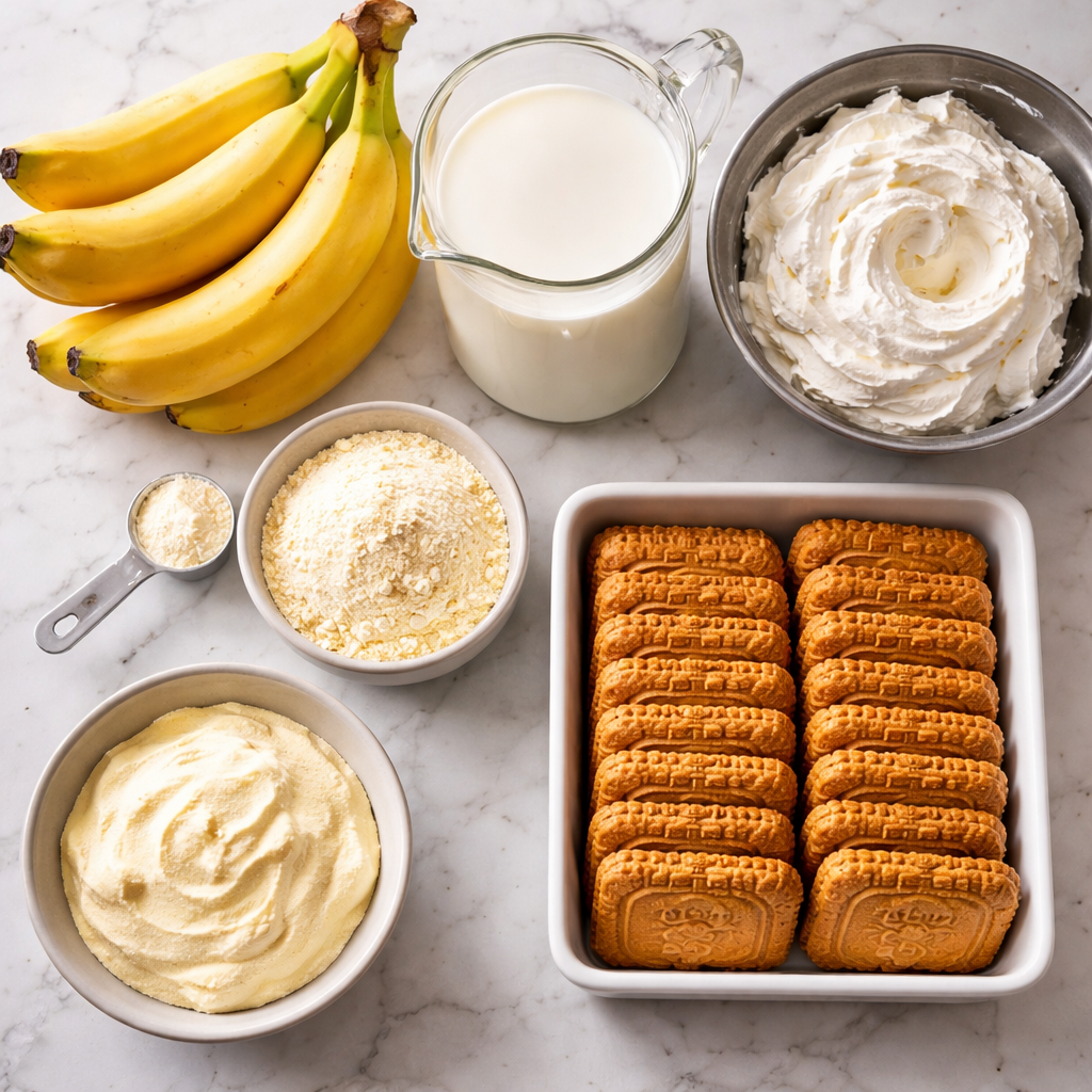 Creamy Biscoff Banana Pudding Recipe Easy No Bake Dessert ingredients photo