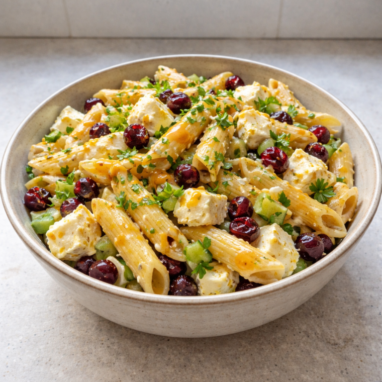 Creamy Feta and Cranberry Penne Salad with Orange Vinaigrette featured photo