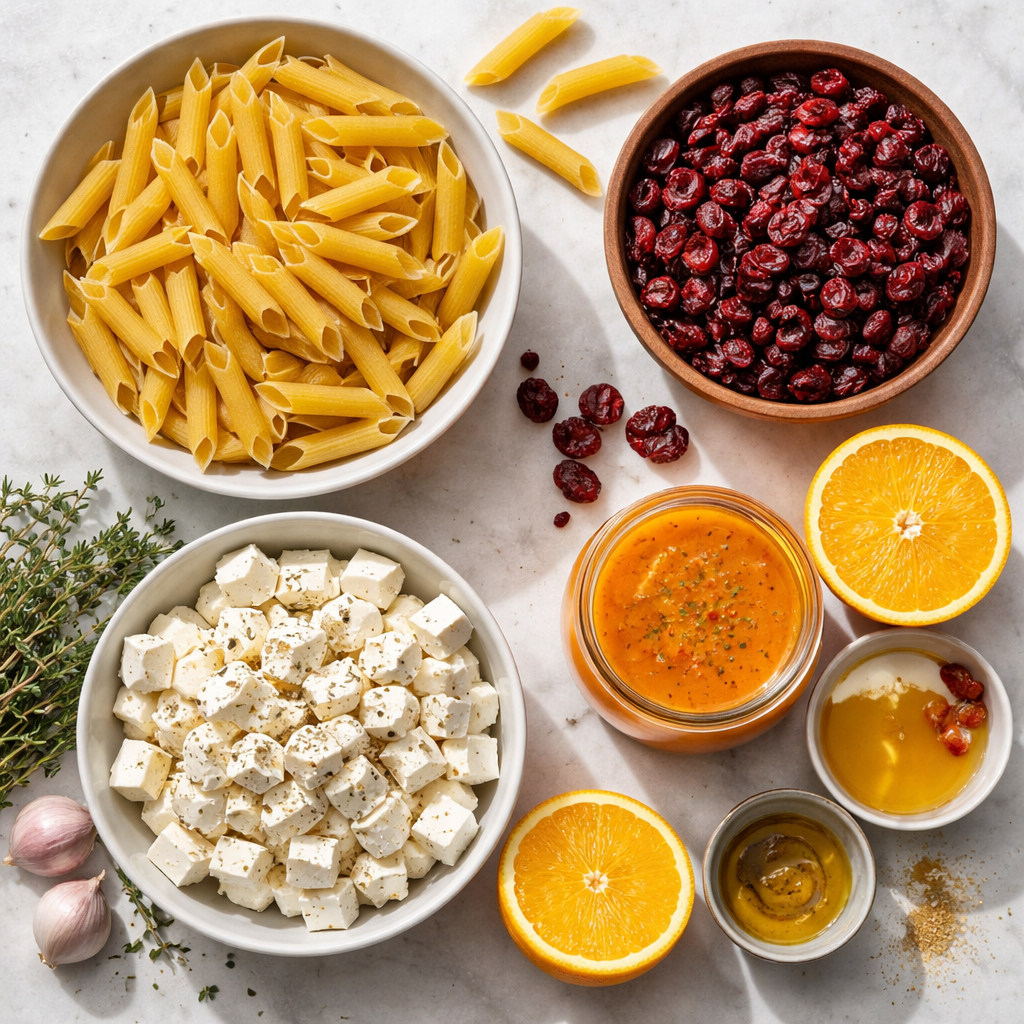 Creamy Feta and Cranberry Penne Salad with Orange Vinaigrette ingredients photo