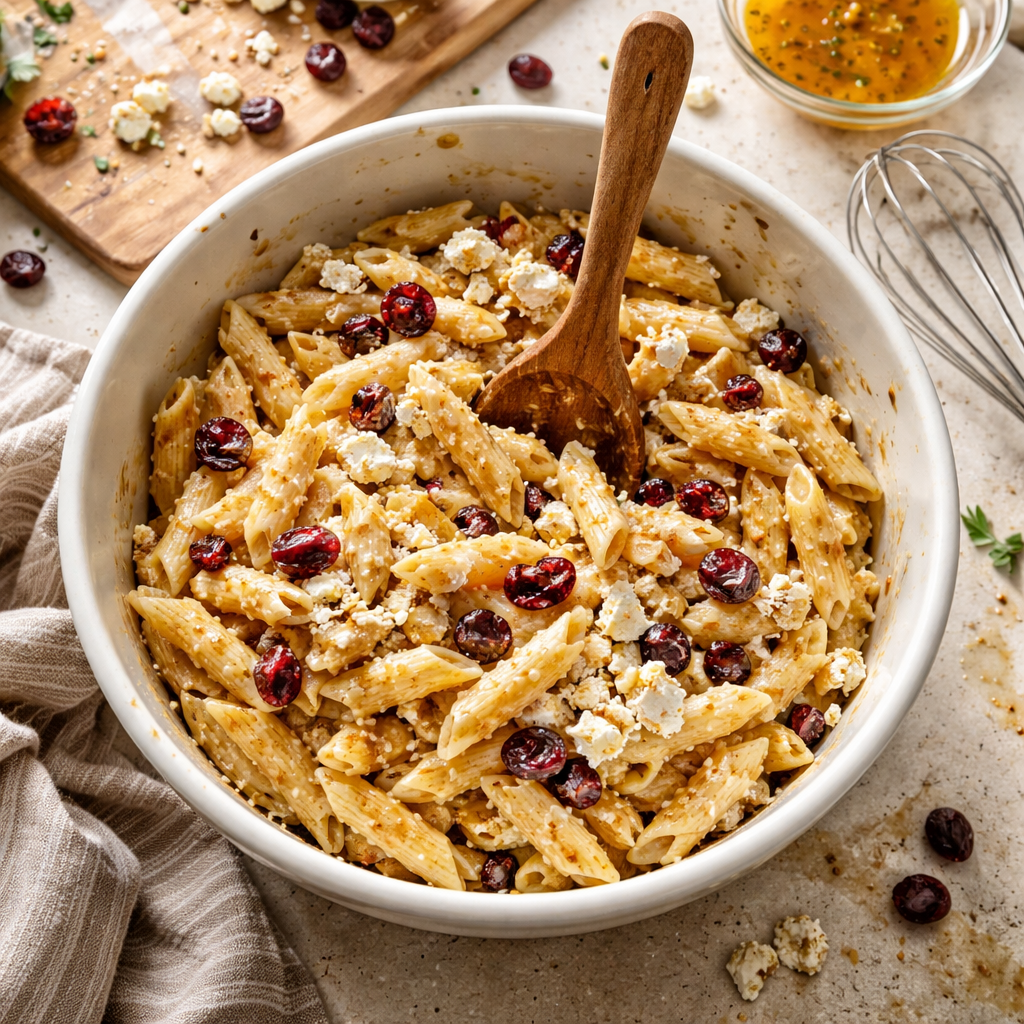 Creamy Feta and Cranberry Penne Salad with Orange Vinaigrette preparation photo