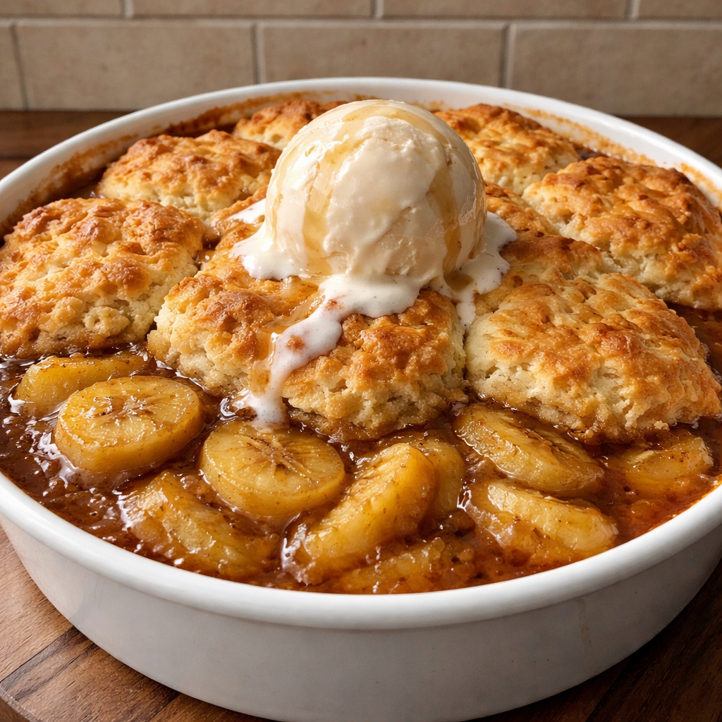 Easy Bananas Foster Cobbler Recipe for a warm caramel dessert featured photo