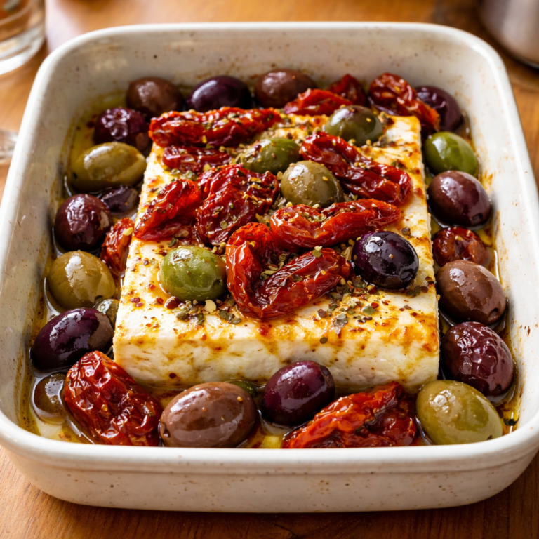 Mediterranean Baked Feta with Olives and Sun Dried Tomatoes Recipe featured photo