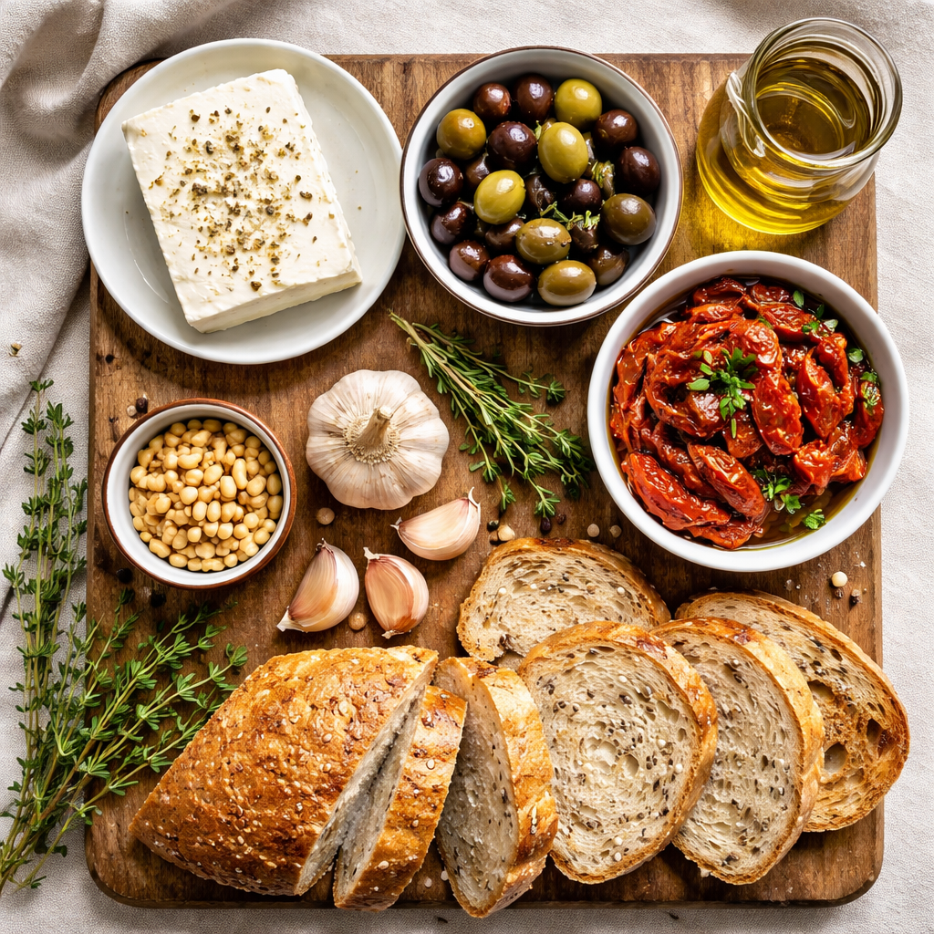 Mediterranean Baked Feta with Olives and Sun Dried Tomatoes Recipe ingredients photo