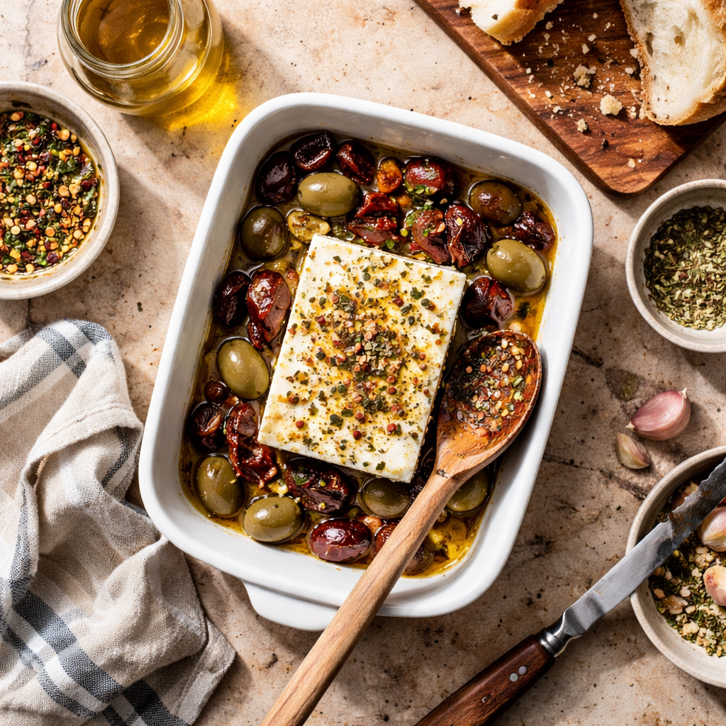 Mediterranean Baked Feta with Olives and Sun Dried Tomatoes Recipe preparation photo