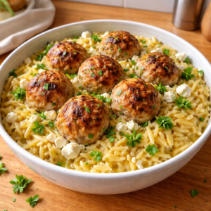 Easy Greek Chicken Meatballs with Lemon Orzo One Pan Dinner featured photo