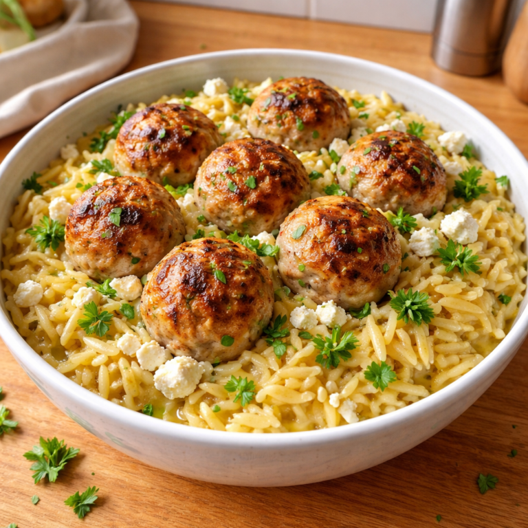 Easy Greek Chicken Meatballs with Lemon Orzo One Pan Dinner featured photo