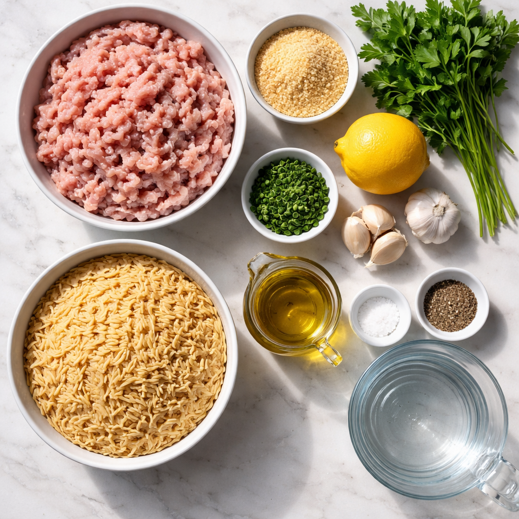 Easy Greek Chicken Meatballs with Lemon Orzo One Pan Dinner ingredients photo