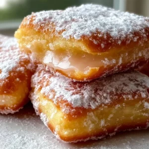 Fluffy beignet squares dusted with powdered sugar, a delicious dessert treat.