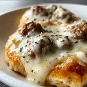 Delicious biscuits and gravy served on a plate, ideal Southern breakfast recipe.