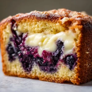 Blueberry muffin cake with cream cheese filling on a rustic table