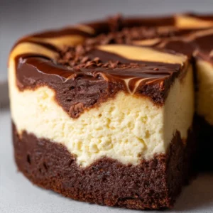Delicious brownie cheesecake topped with chocolate and swirls of cream