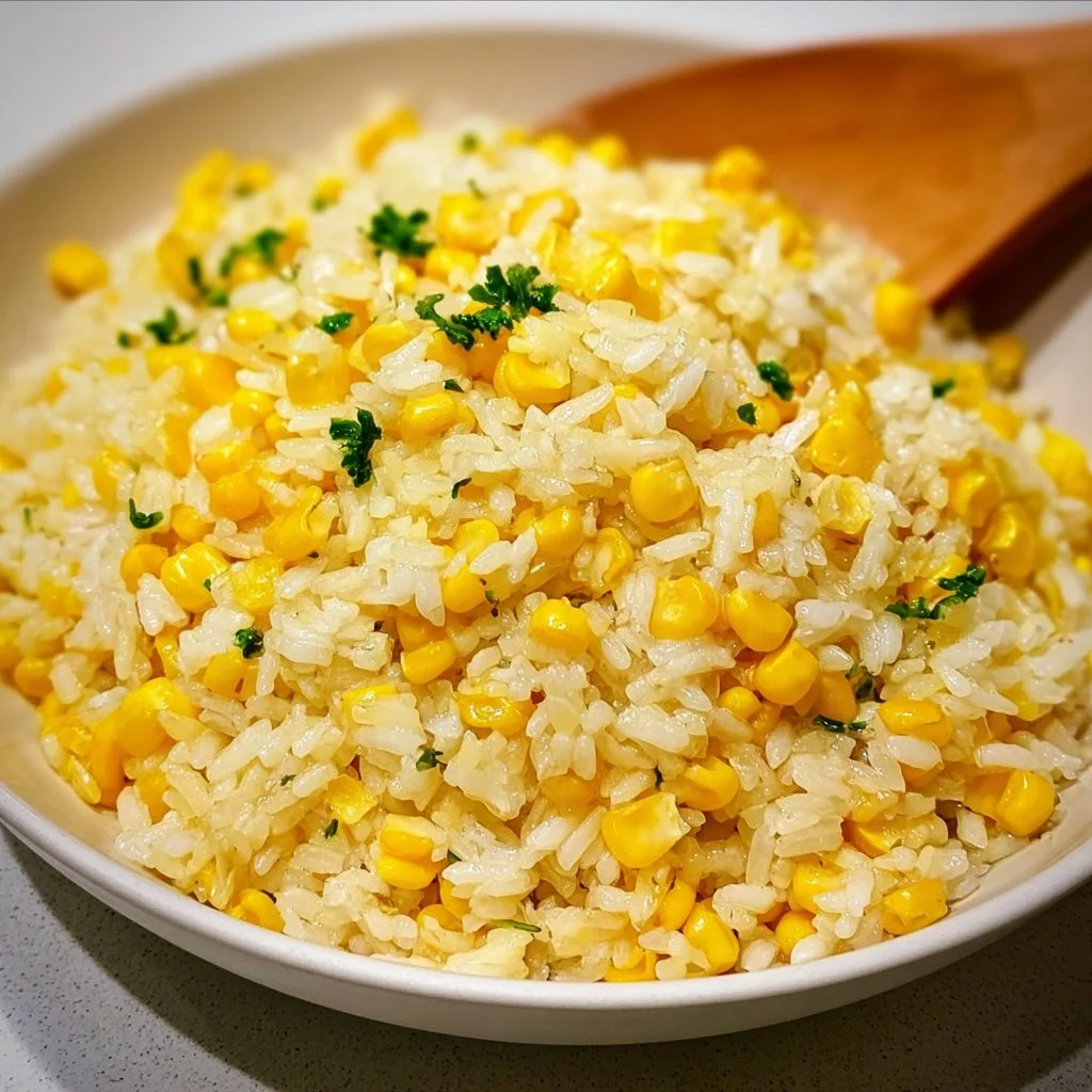 Delicious bowl of buttered corn rice garnished with herbs
