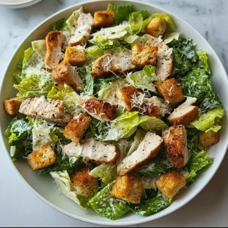Delicious Chicken Caesar Salad with grilled chicken, romaine lettuce, and Caesar dressing