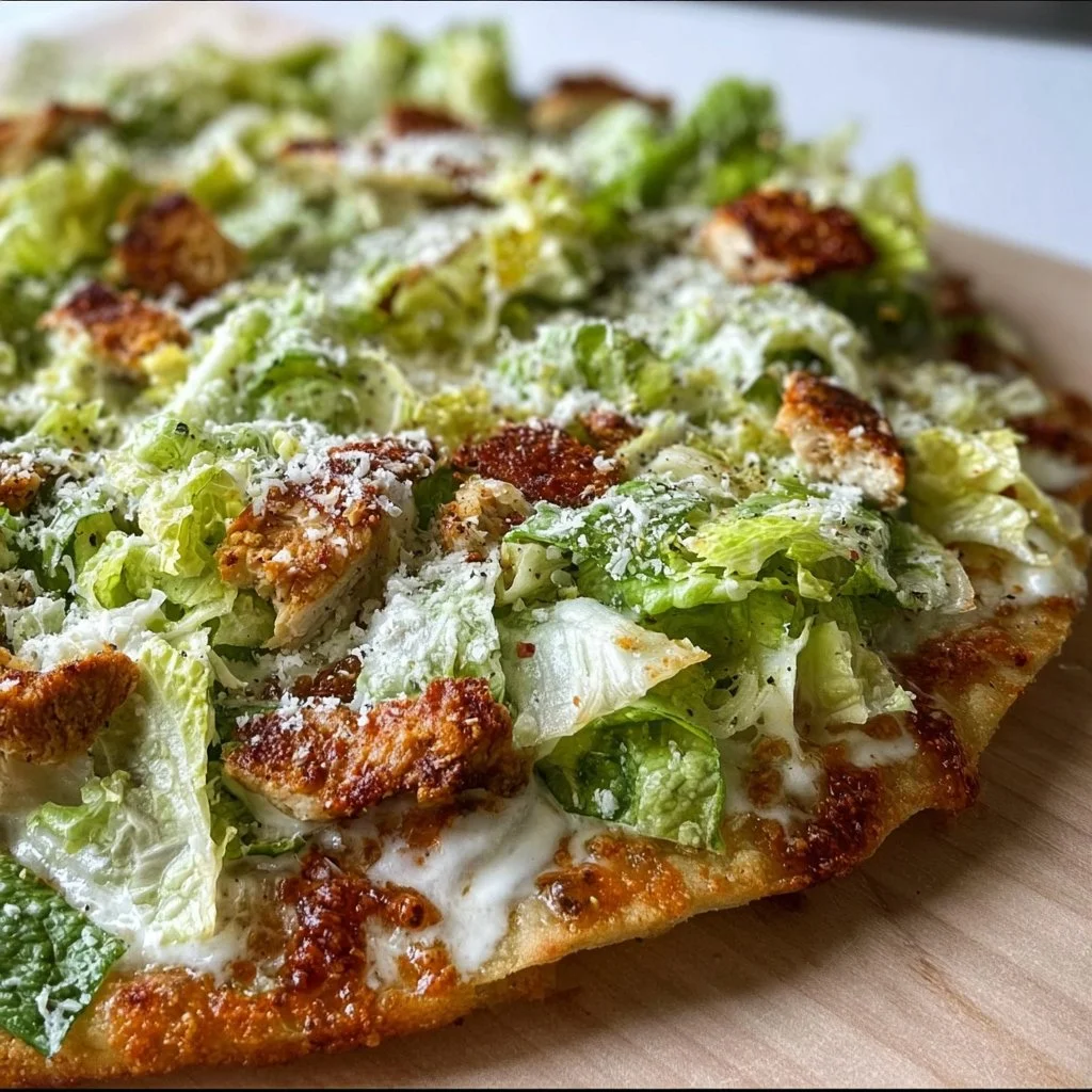 Chicken Caesar Salad Pizza topped with grilled chicken and fresh romaine lettuce
