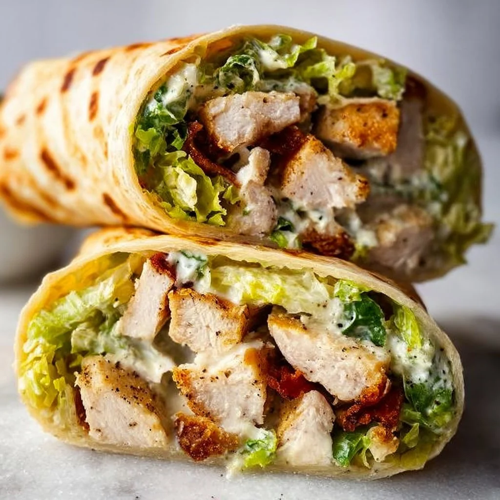 Delicious Chicken Caesar Wrap with grilled chicken, romaine lettuce, and dressing