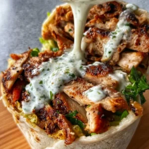 Plate of Chicken Shawarma with garlic sauce and fresh vegetables