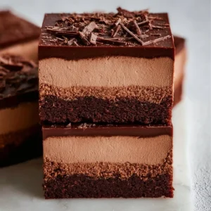 Delicious chocolate mousse brownies topped with chocolate ganache.